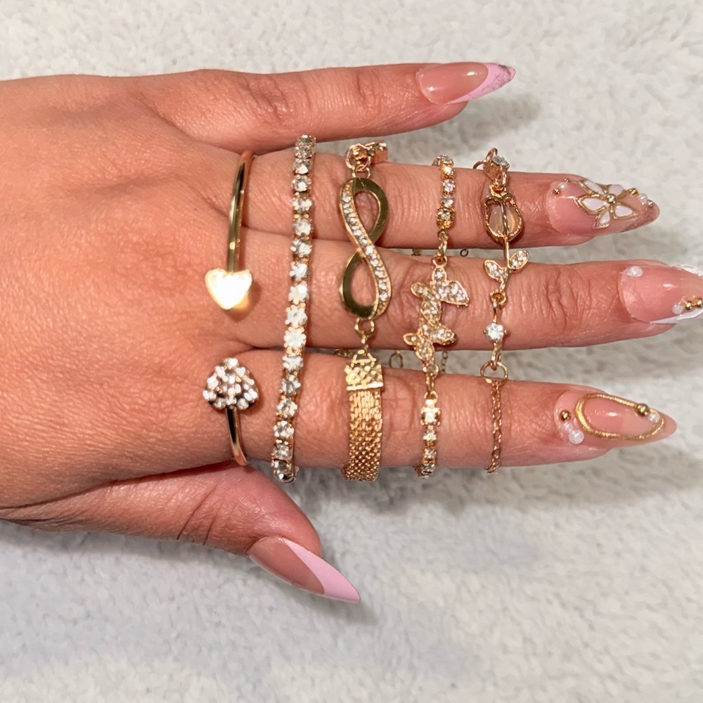 Set of 5 Gold Tone Fashion Bracelets - Heart, Butterfly, Infinity, Rose - NWT